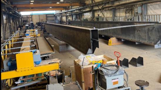 robust crane industrial, diligent, lifting steel beams, photorealistic, at a sea-facing industrial park, highly detailed, seagulls circling above, vibrant contrast, metallic silver and ocean blue, clear daylight, shot with a 18mm lens.